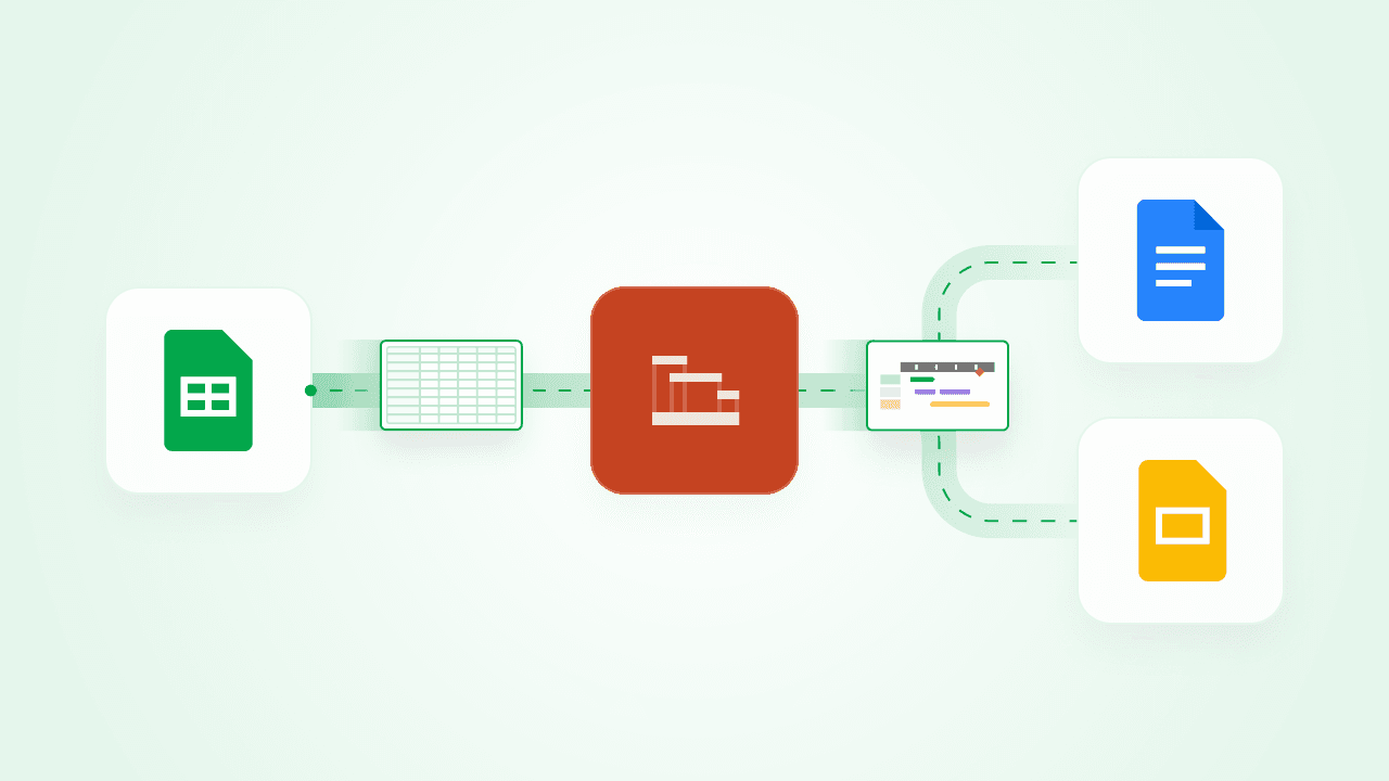 Flowchart showing Google Sheets linking to Google Data Studio then branching to Google Docs and Slides icons.