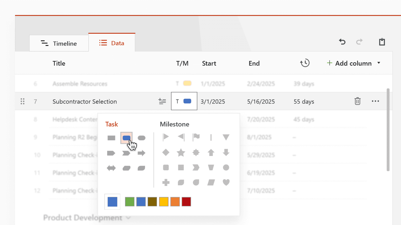 Project management interface showing task 'Subcontractor Selection' with options to edit task type and color.