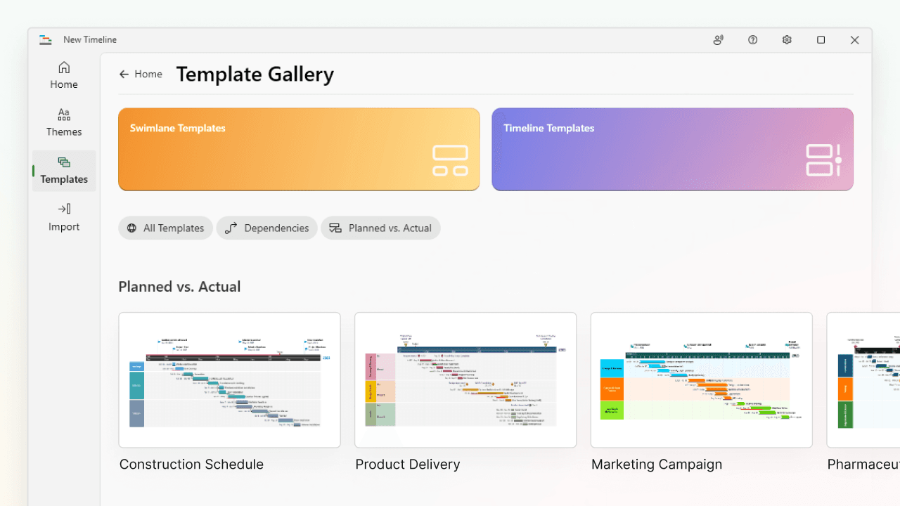 Template gallery interface showing Swimlane and Timeline templates with planned vs. actual project charts.