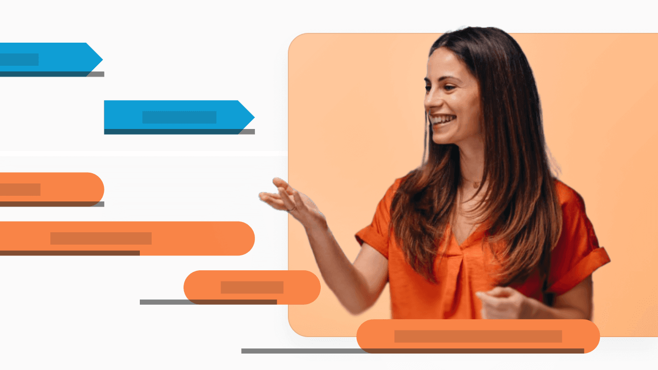 Smiling woman in an orange shirt gestures with her right hand against a light orange background.
