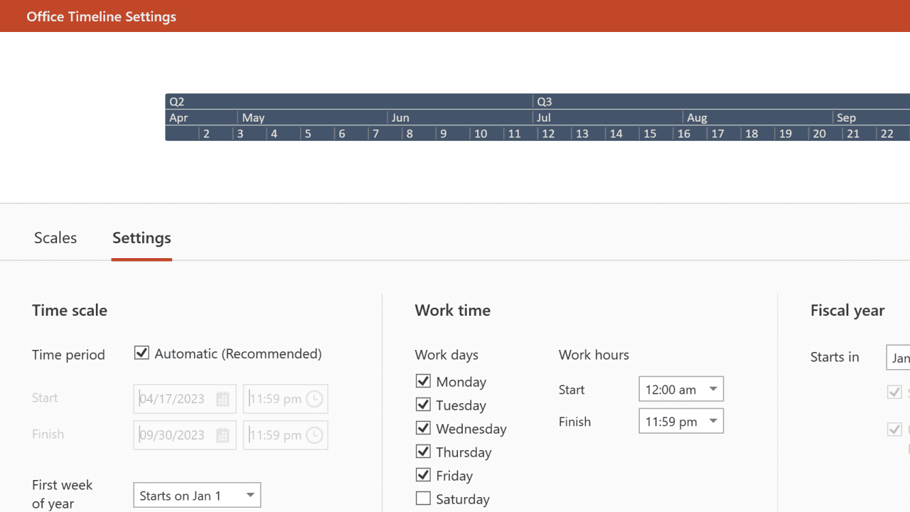 Office Timeline Settings showing time scale, work time including selected workdays and work hours.