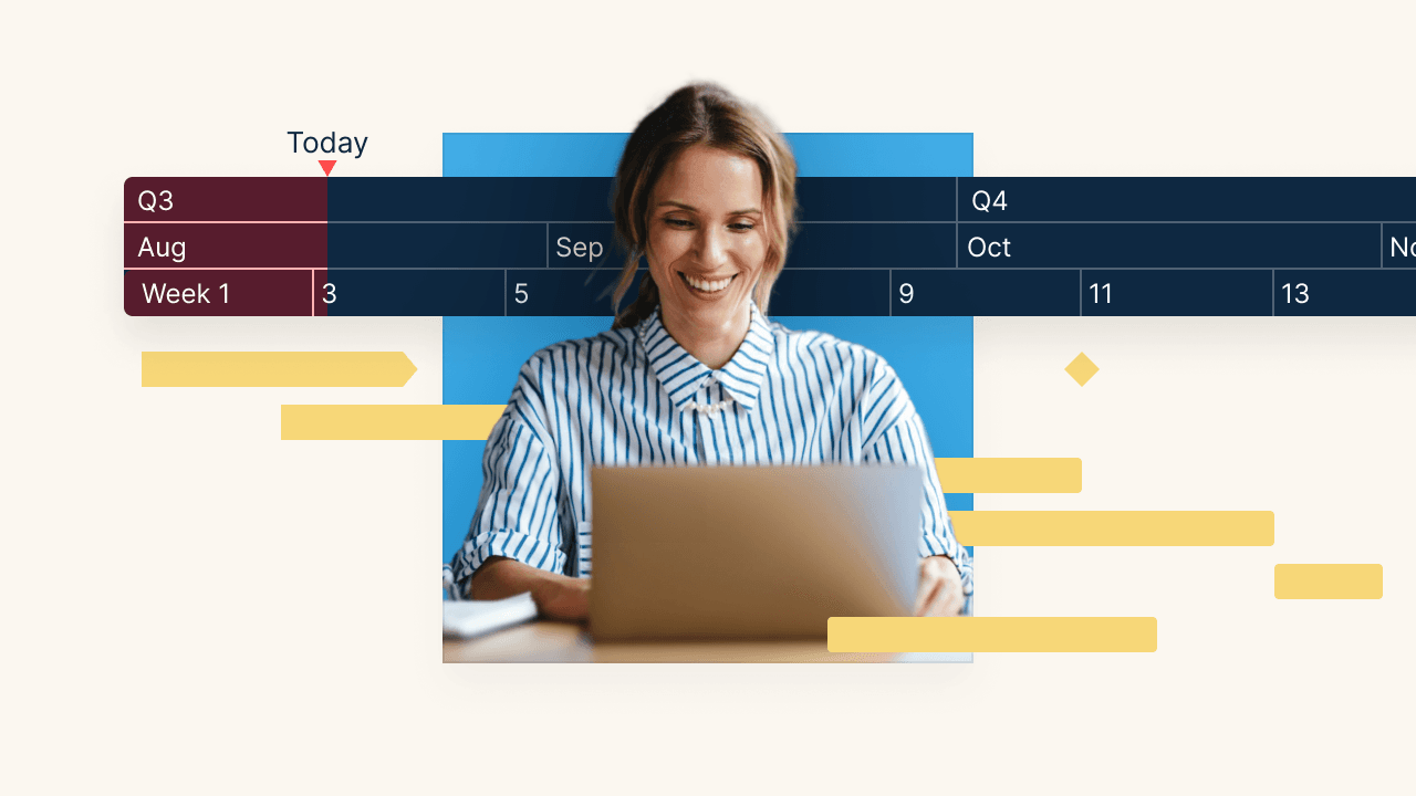 Smiling woman working on laptop with timeline and task bars overlay showing weeks and months
