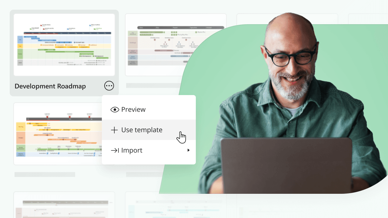 Smiling man with glasses using laptop with a menu showing options to preview, use template, or import.