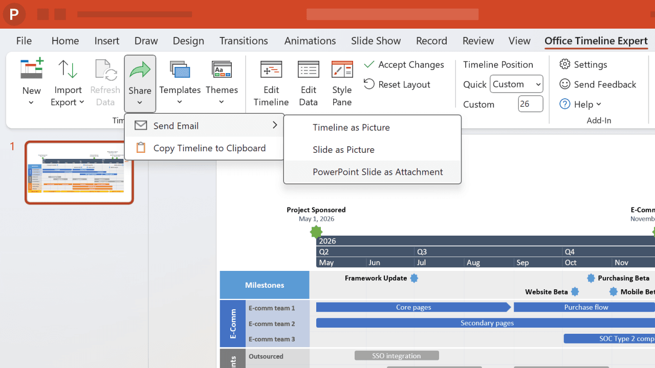 Screenshot of PowerPoint with Office Timeline Expert tab and Share menu open showing export options.
