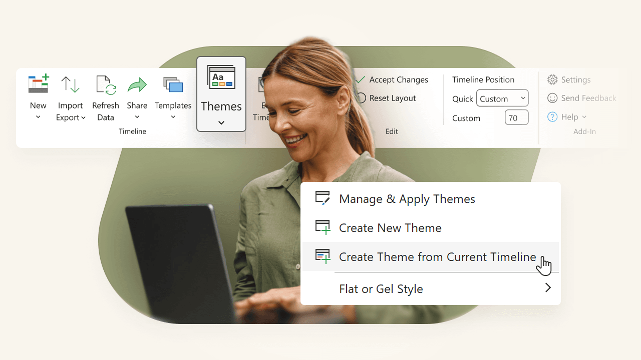 Woman smiling at laptop with a software menu open showing timeline themes and customization options.