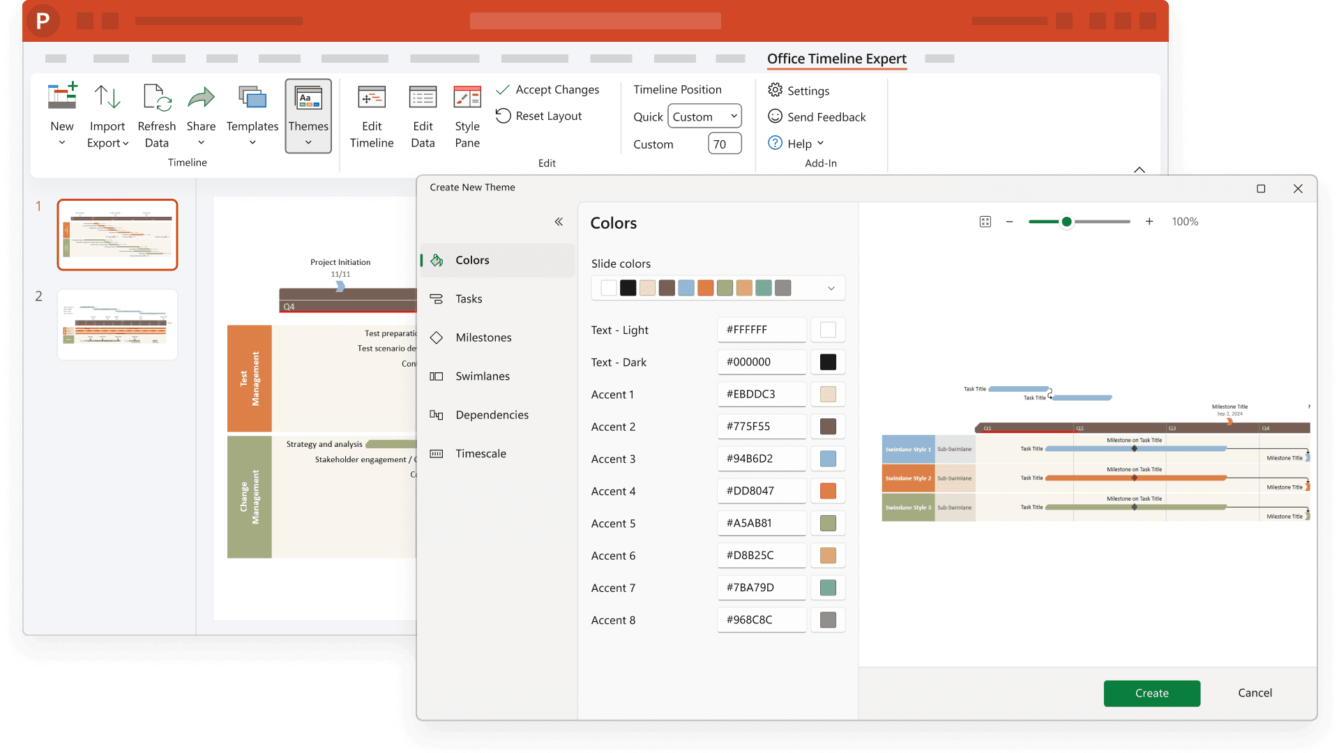 Project timeline editing interface showing color theme options and a sample timeline with tasks and milestones.