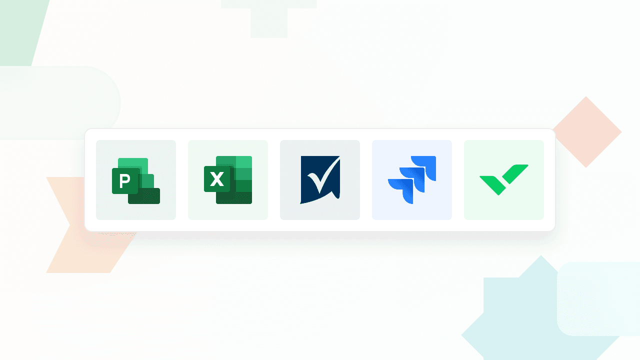 Icons of project management tools including Microsoft Project, Excel, Smartsheet, Jira, and Wrike.