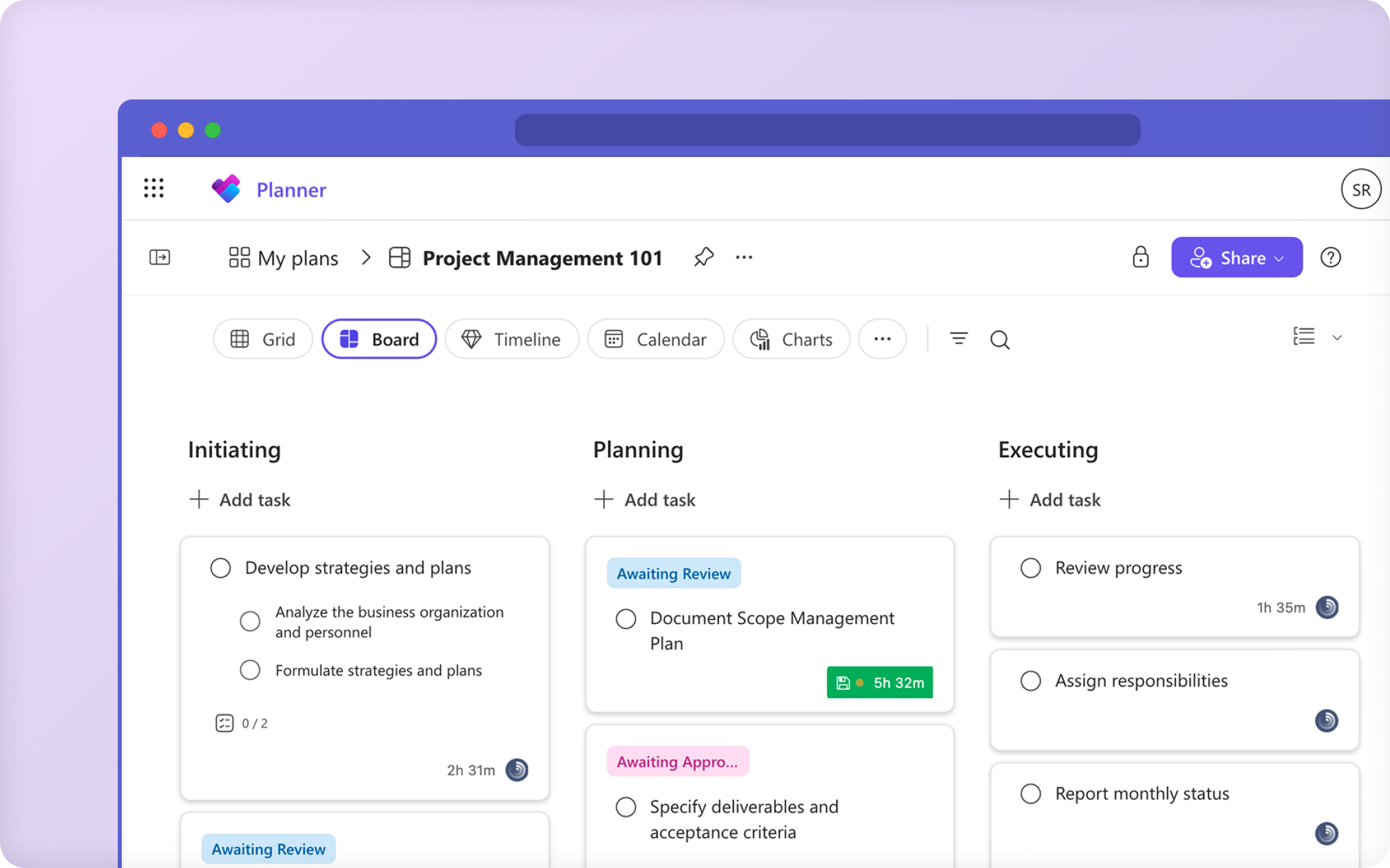 Lucen Track and Microsoft Planner integration: tracked time displayed on Planner task cards within a Kanban, with time tracking buttons appearing on each task