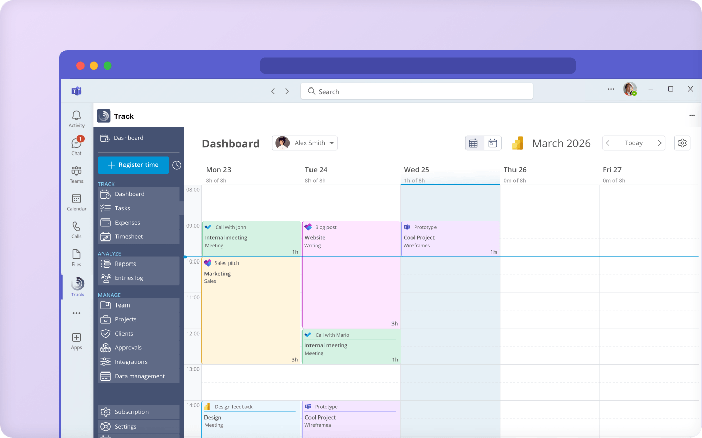 Lucen Track app embedded in Microsoft Teams, displaying a weekly calendar of tracked time entries.