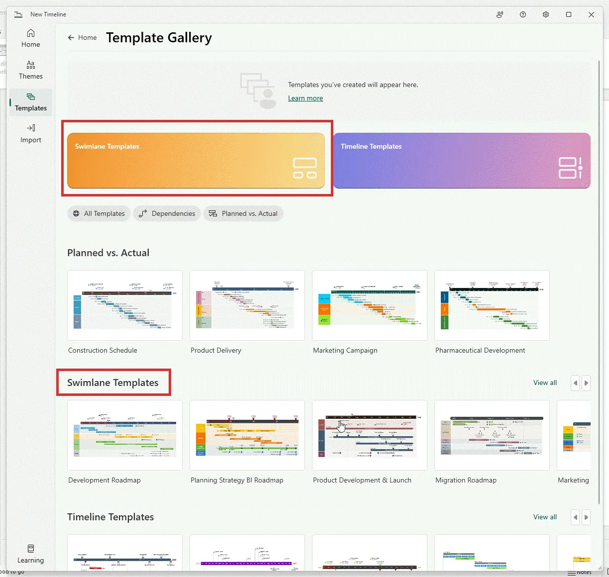 Lucen Timeline swimlane templates gallery
