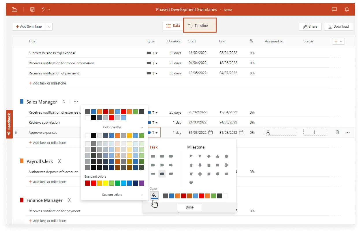 Enter your swimlane diagram data in Lucen Timeline Online