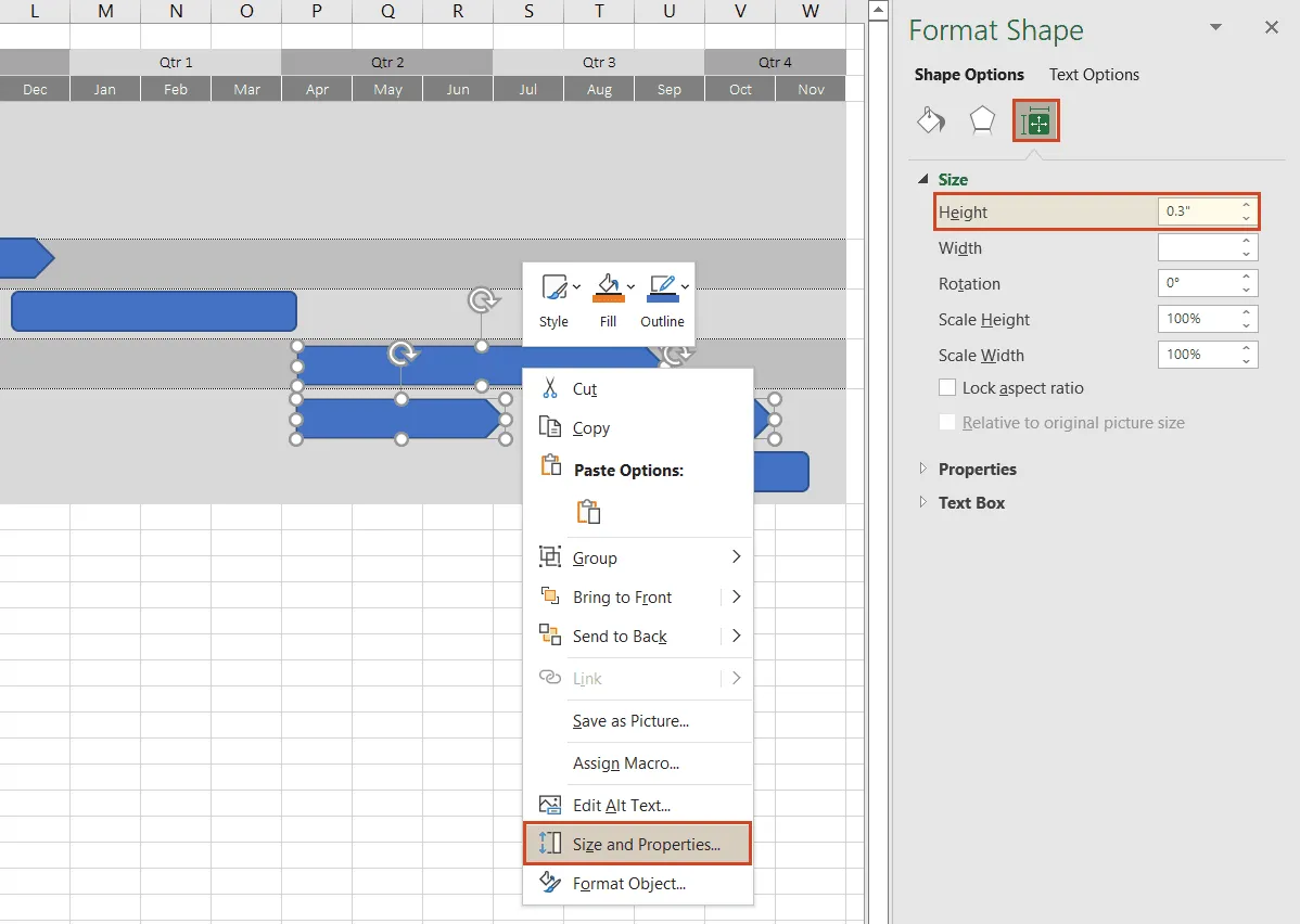 Set roadmap shape height in Excel