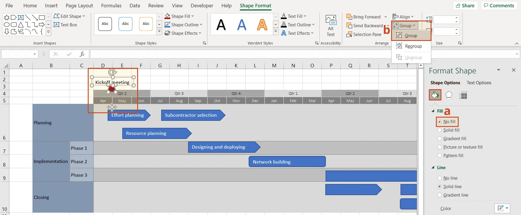 Group the milestone components of your Excel roadmap