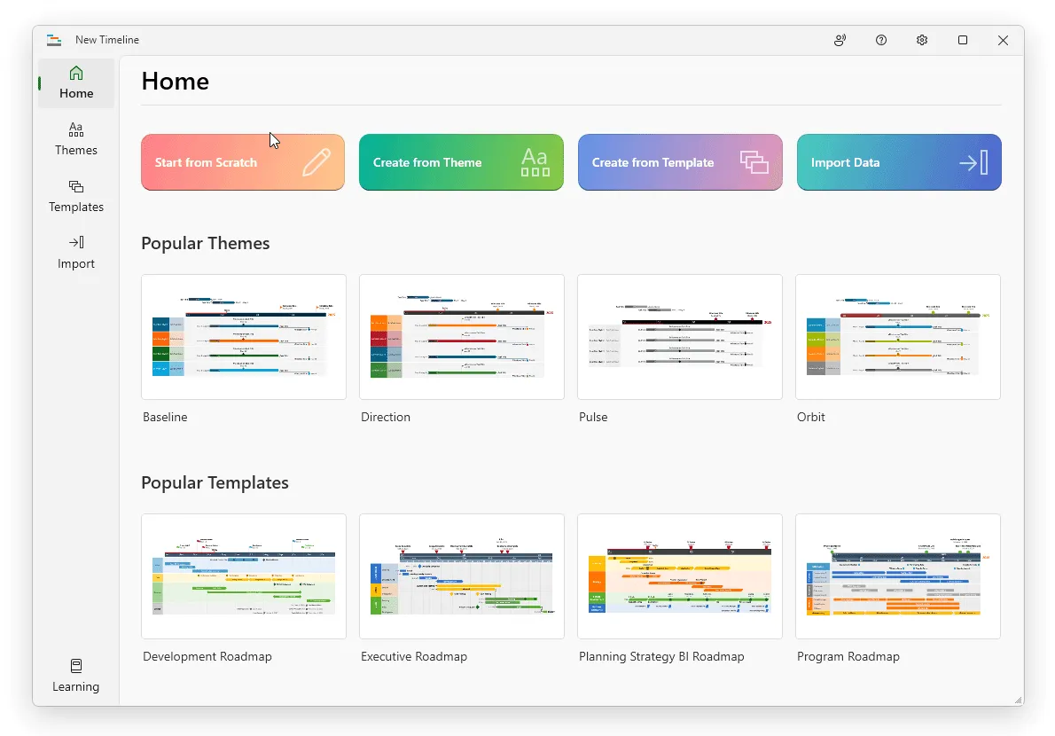 Built-in template gallery in Lucen Timeline
