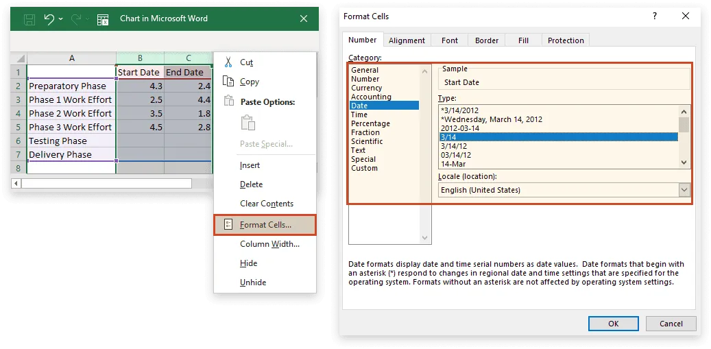 Format cells as dates in Word