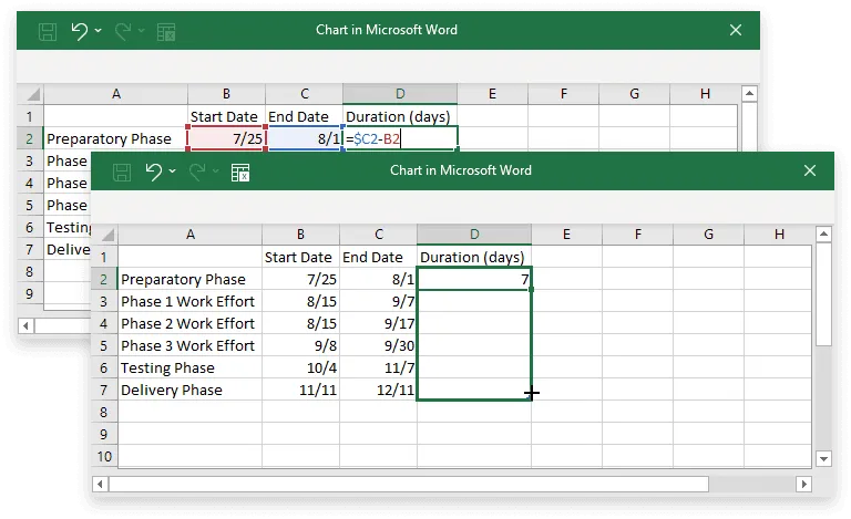 Calculate task durations in MS Word