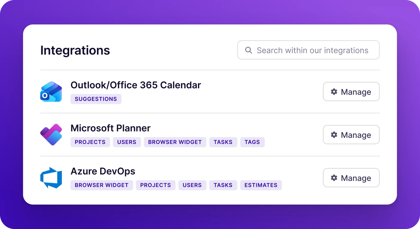 Lucen Track Integrations panel showing Outlook/Office 365 Calendar, Microsoft Planner and Azure DevOps connections