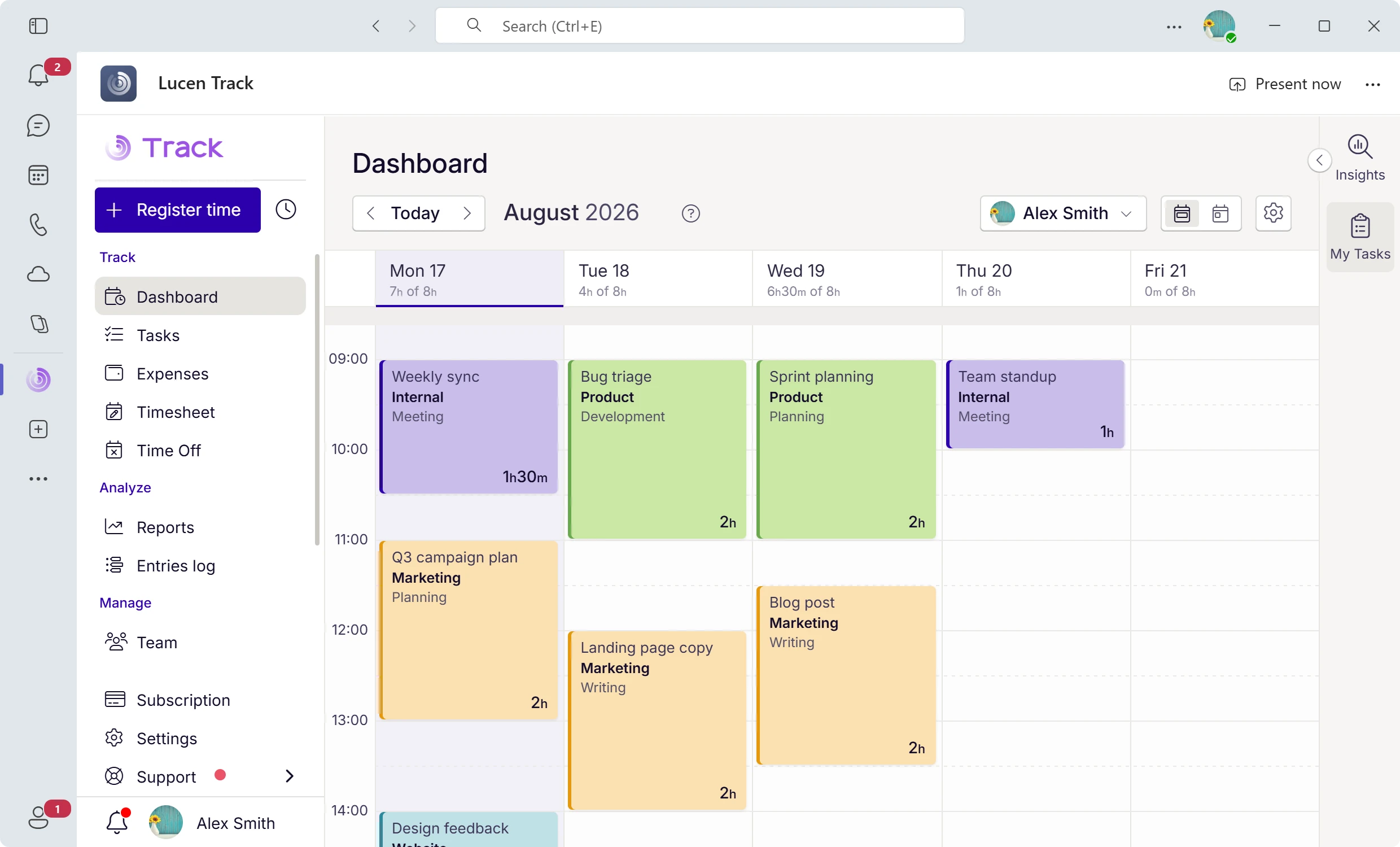 Lucen Track app embedded in Microsoft Teams, displaying a weekly calendar of tracked time entries.