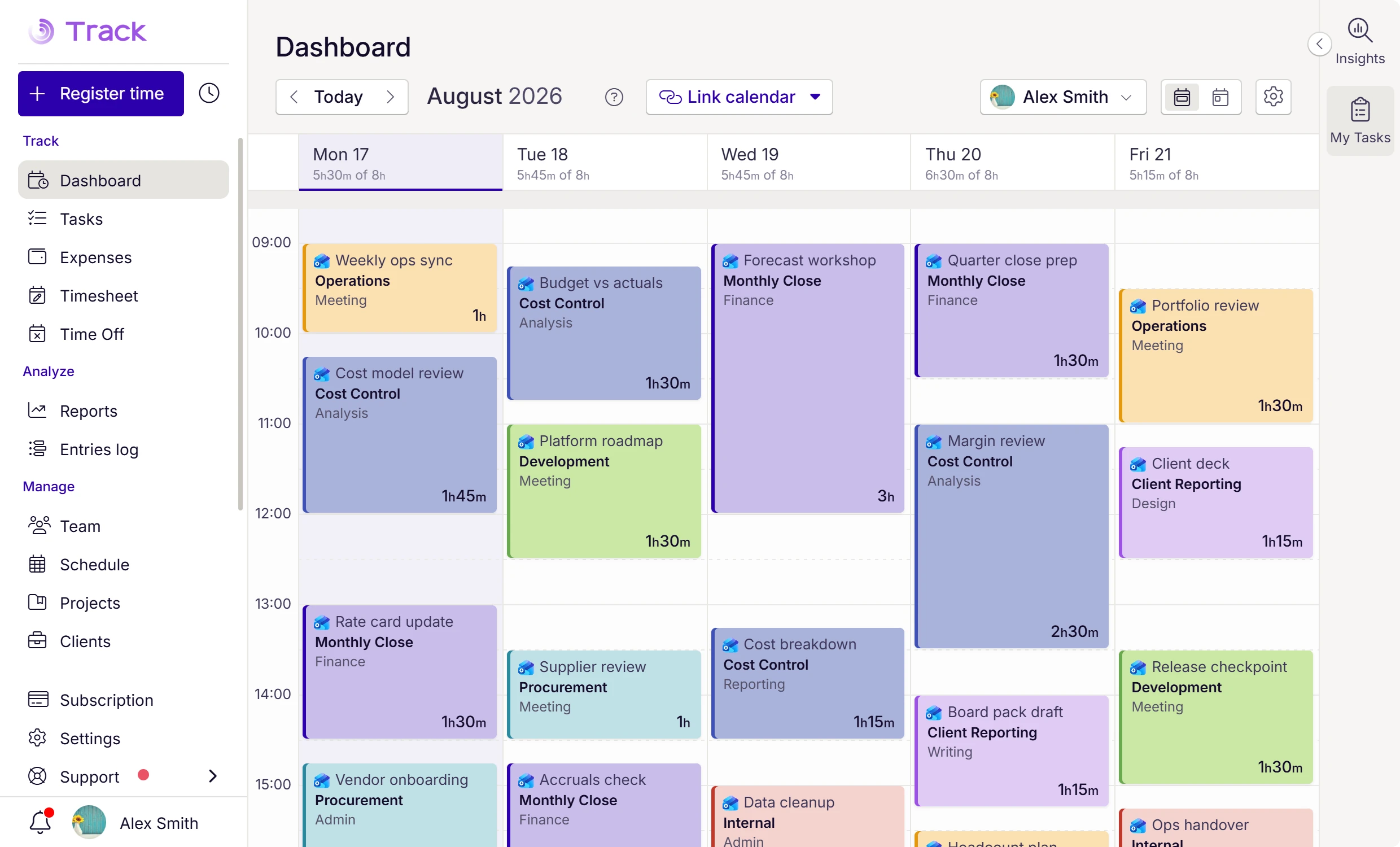 Lucen Track weekly calendar displaying Outlook events as time entries.