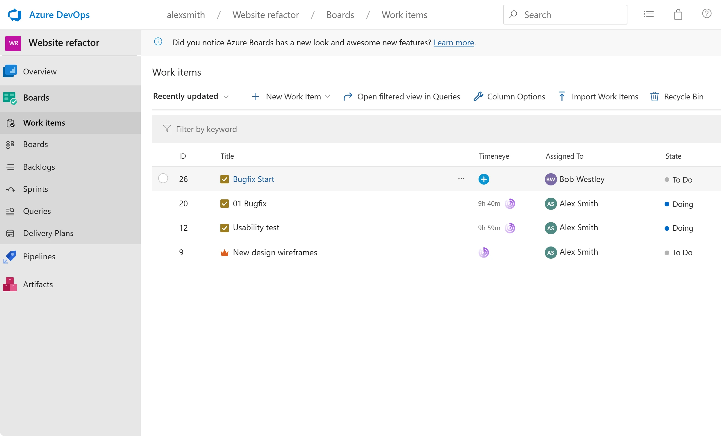 Lucen Track time tracking inside Azure DevOps work items, showing hours logged per item.
