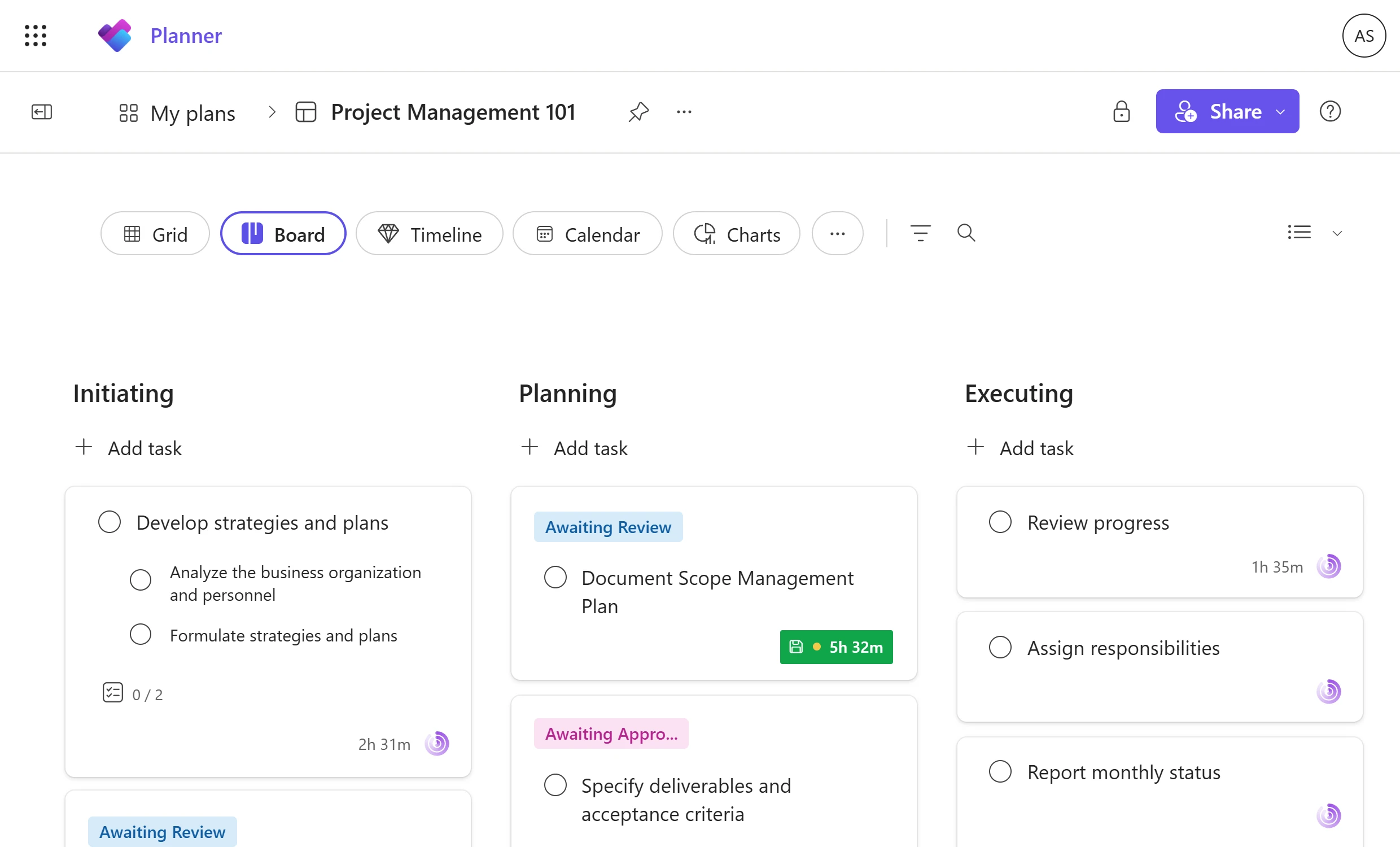 Lucen Track and Microsoft Planner integration: tracked time displayed on Planner task cards within a Kanban, with time tracking buttons appearing on each task
