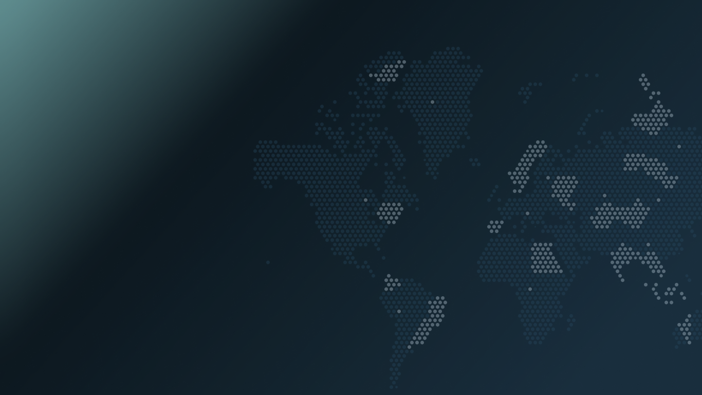 World map composed of small hexagonal dots on a dark blue gradient background.