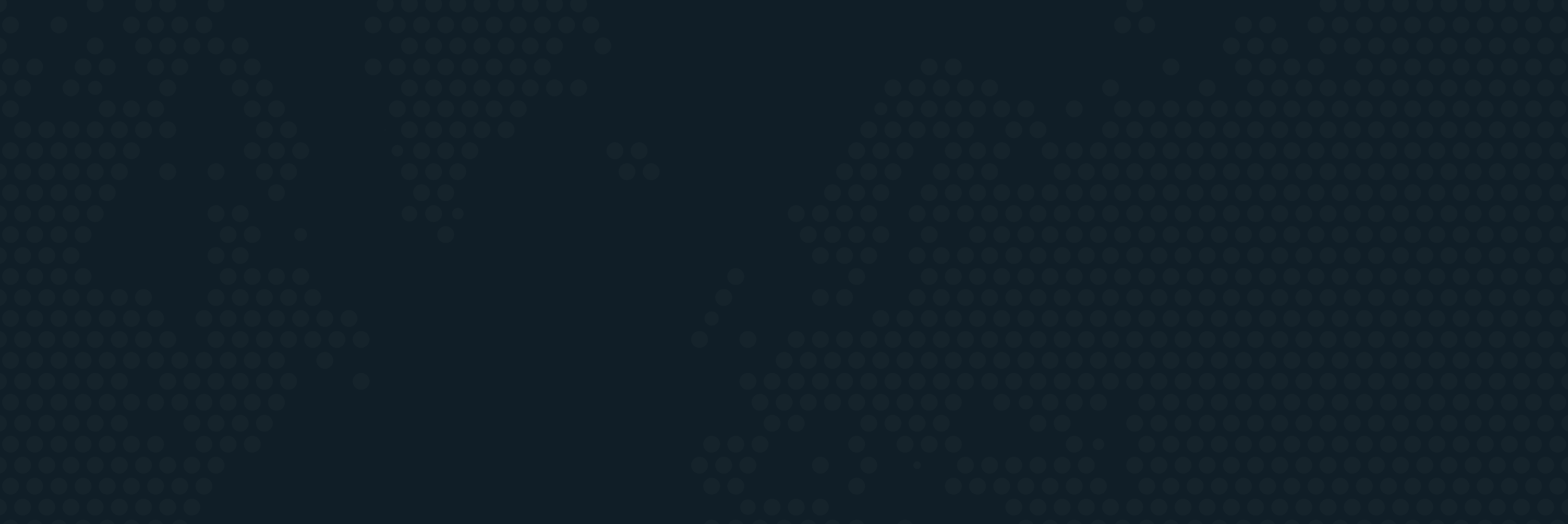 World map composed of small hexagonal dots on a dark blue gradient background.