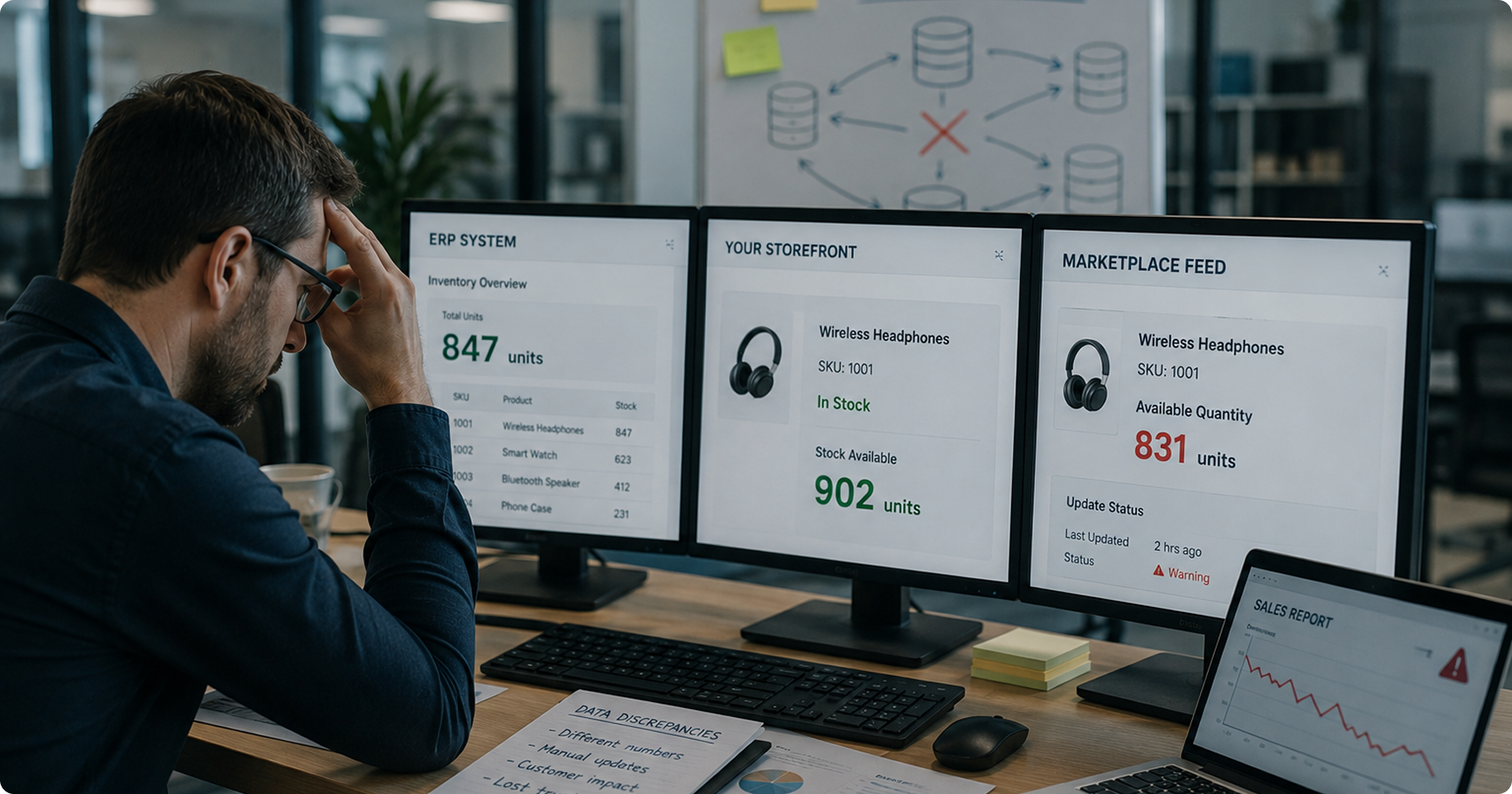 Man looking stressed at desk with three monitors showing inventory differences in wireless headphone stock levels.