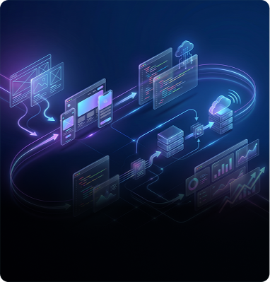 Digital data flow from design, coding, storage, to cloud servers with analytics graphs on screen.