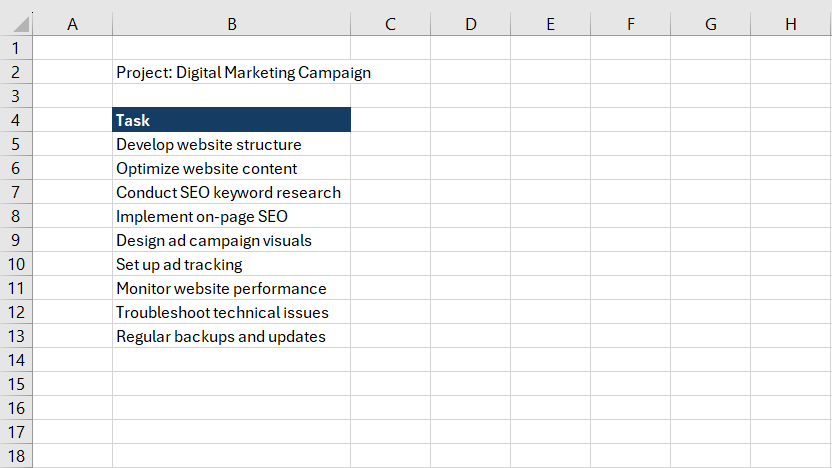 Excel RACI chart - Step 1