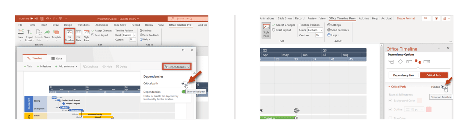How to show critical path in Office Timeline