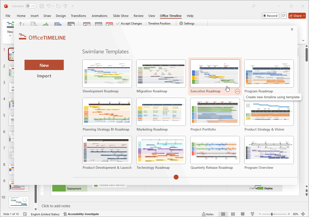 Pre-designed swimlane templates in Office Timeline