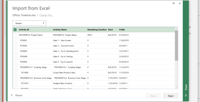 Import from Excel wizard in Office Timeline