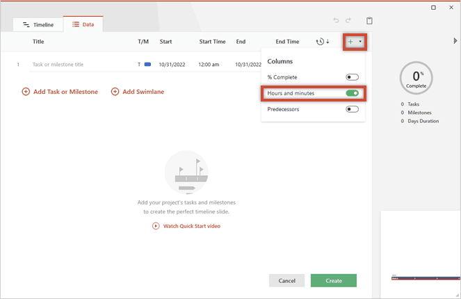 Toggle on Hours and minutes column in Data View