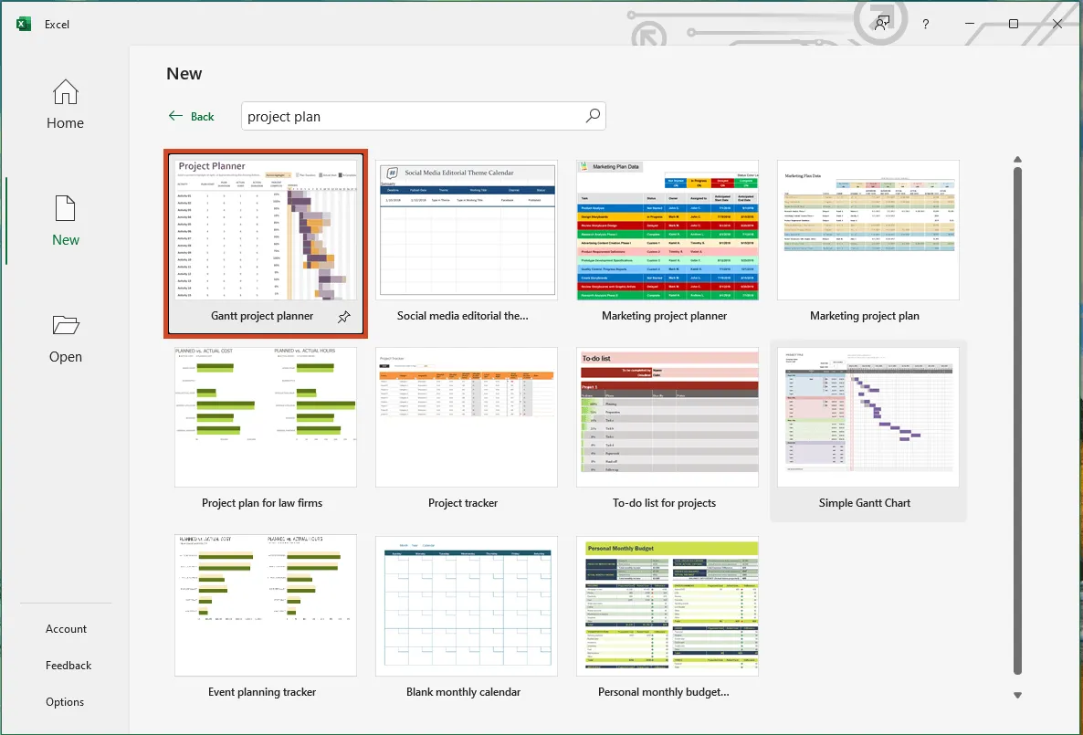 Suche nach Projektplan-Vorlagen in Excel