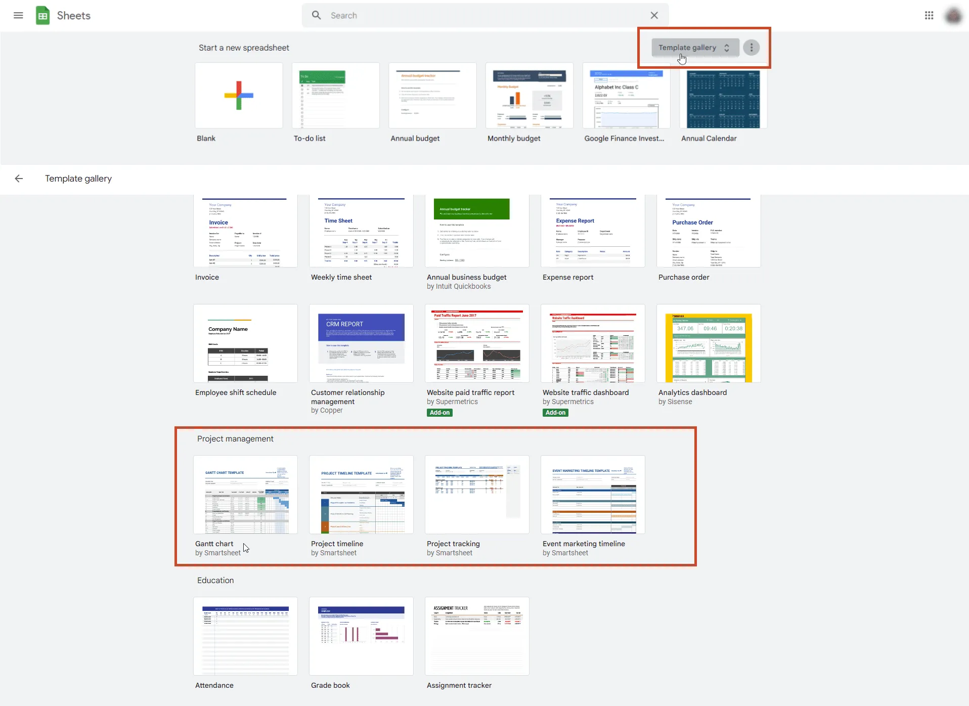 Suche nach Projektmanagement-Vorlagen in Google Sheets