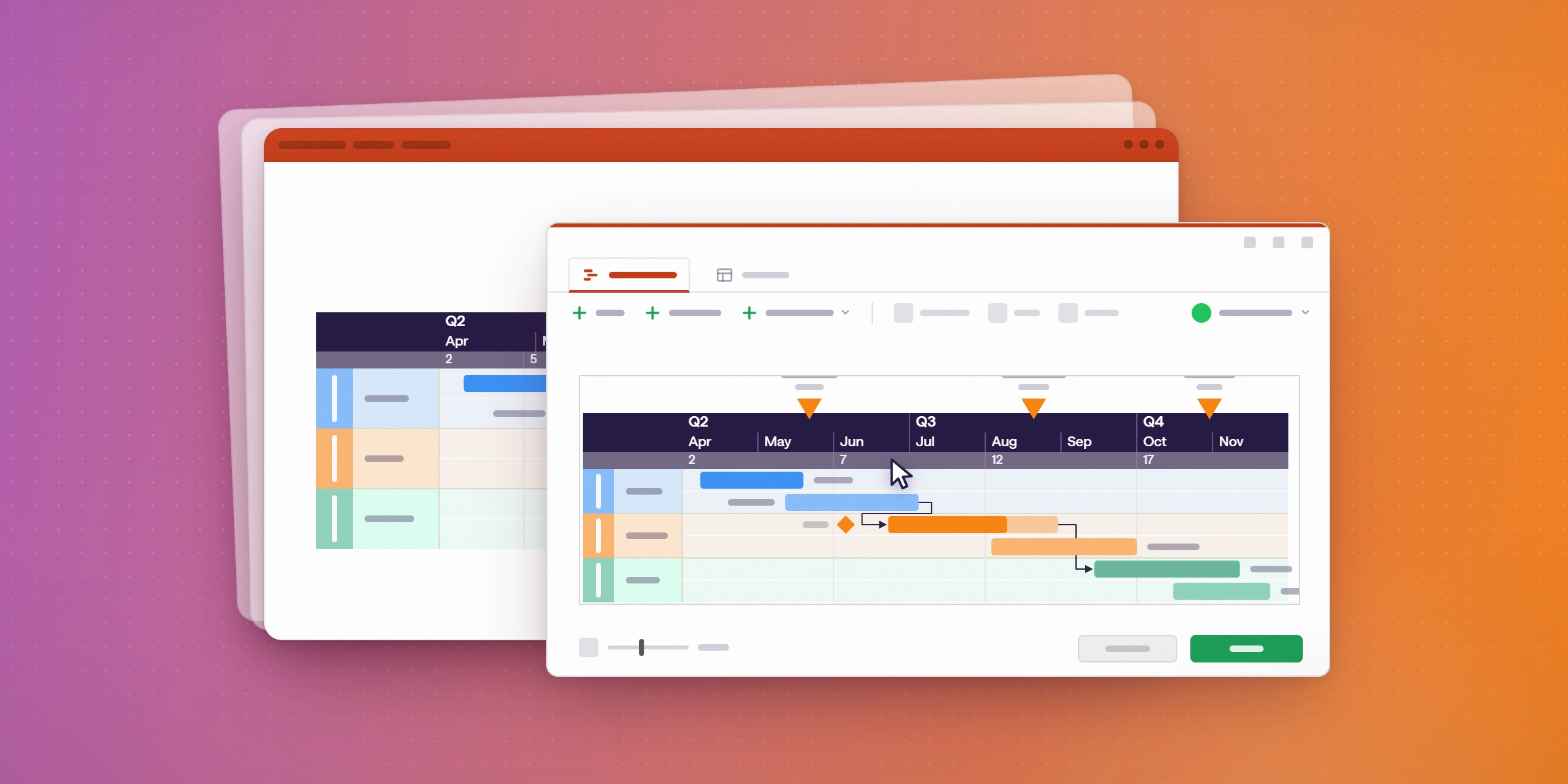 A PowerPoint slide with a half-built swimlane Gantt chart behind a Create dialog, where tasks and milestones from a plan are added before the timeline is built on the slide.