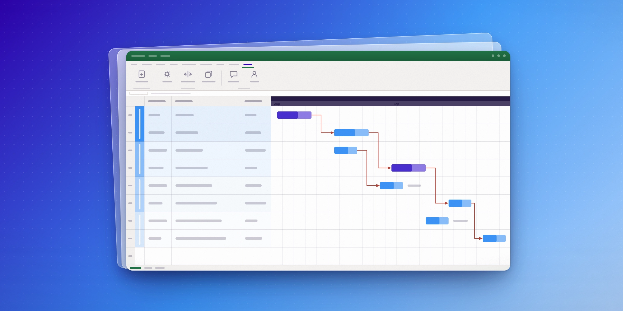 An Excel worksheet with a task table on the left and a live Gantt chart on the right, with dependency arrows linking blue and purple task bars across the timeline.