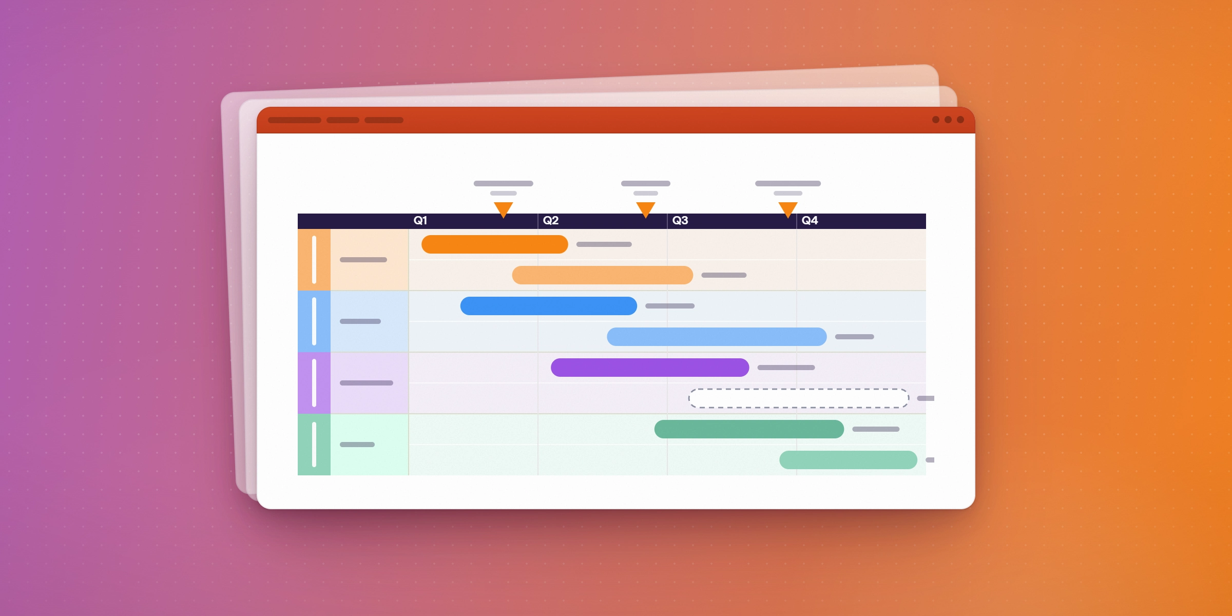 A PowerPoint slide showing a roadmap with four color-coded swimlanes, task bars across Q1 to Q4, and orange milestone markers above the timeline.