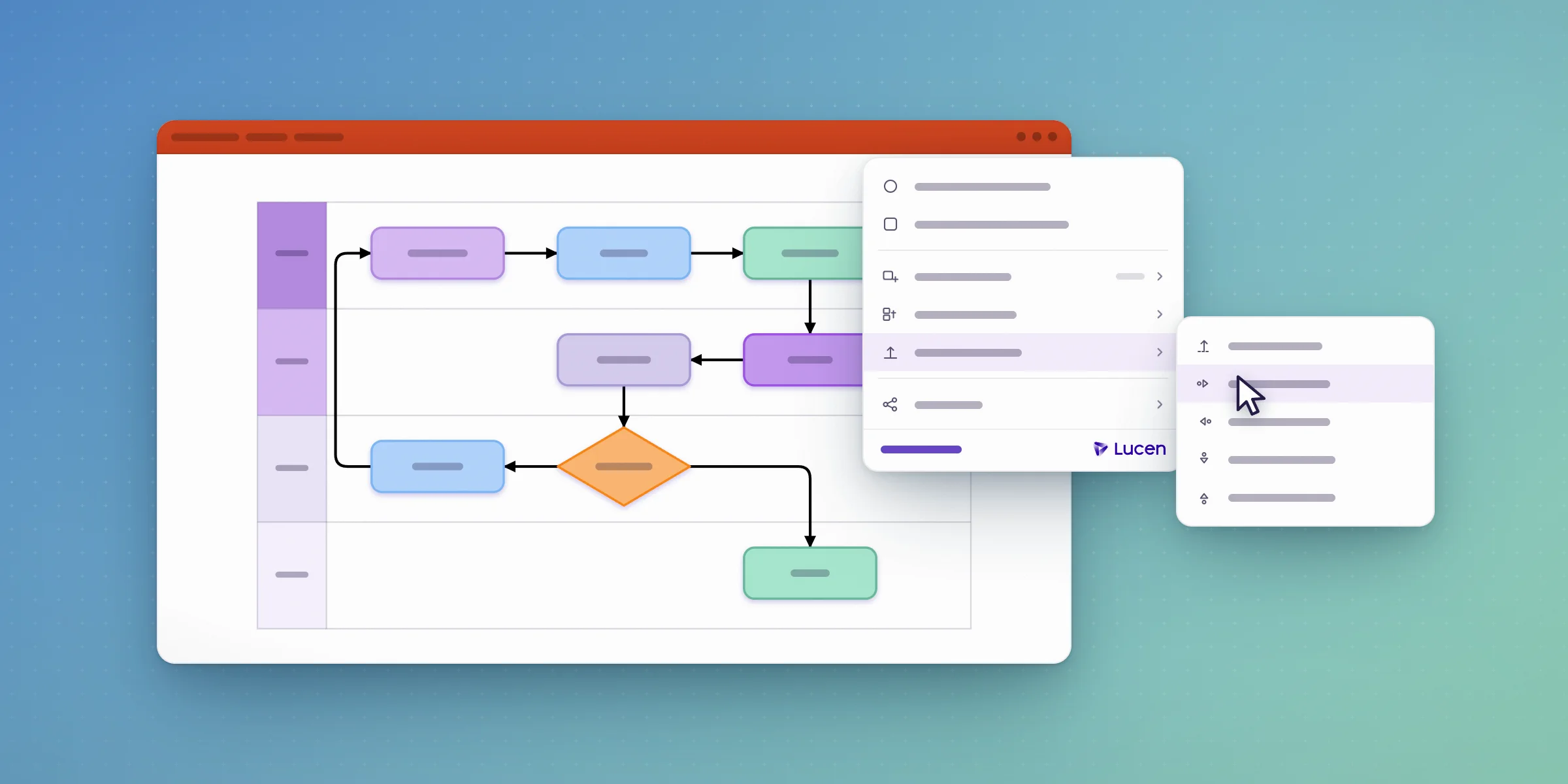 A swimlane flowchart on a PowerPoint slide with an add-in right-click menu open and a submenu of layout options beside it.
