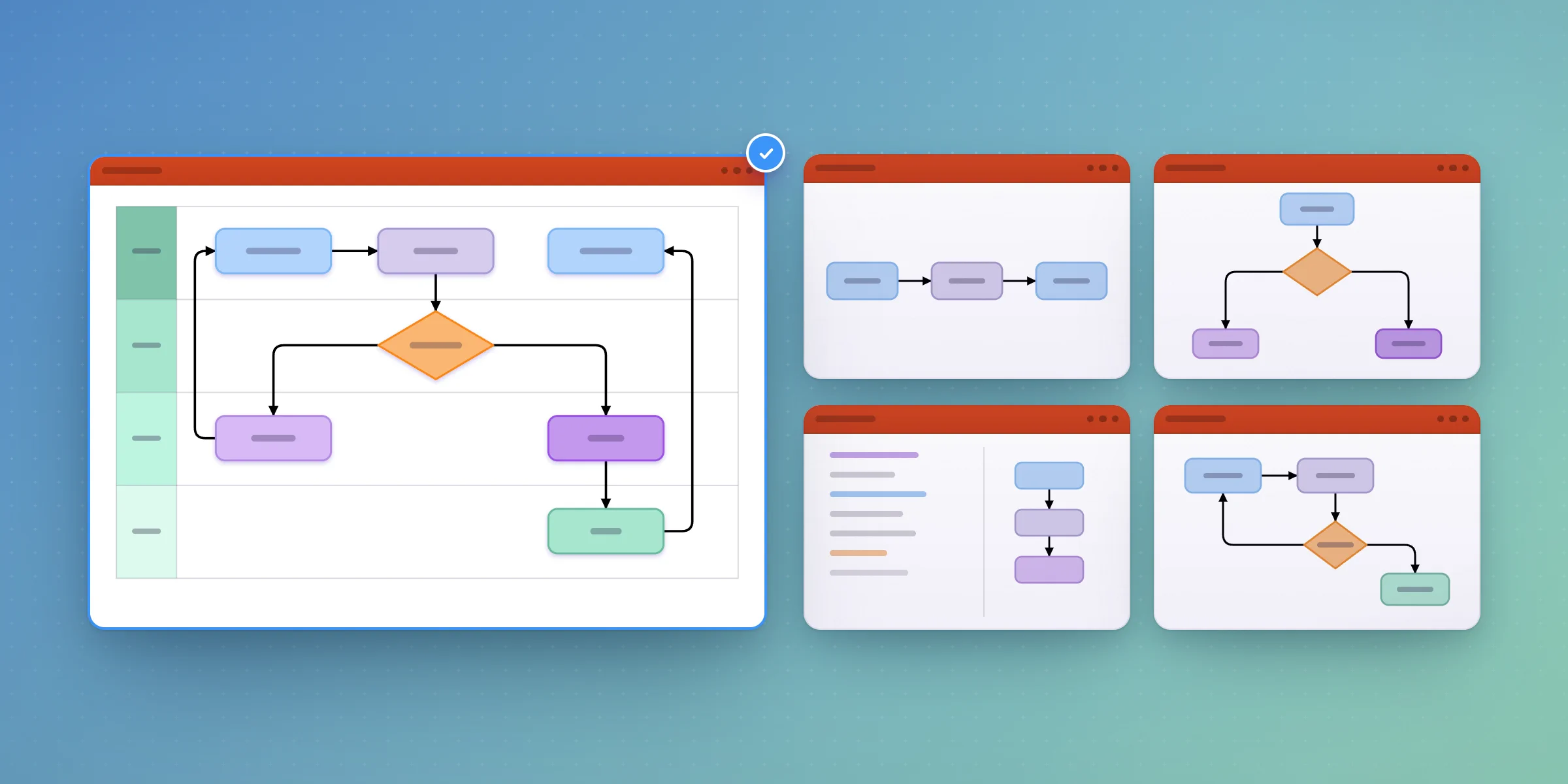 A swimlane flowchart selected on a PowerPoint slide, with four alternative flowchart layouts shown as thumbnails beside it.
