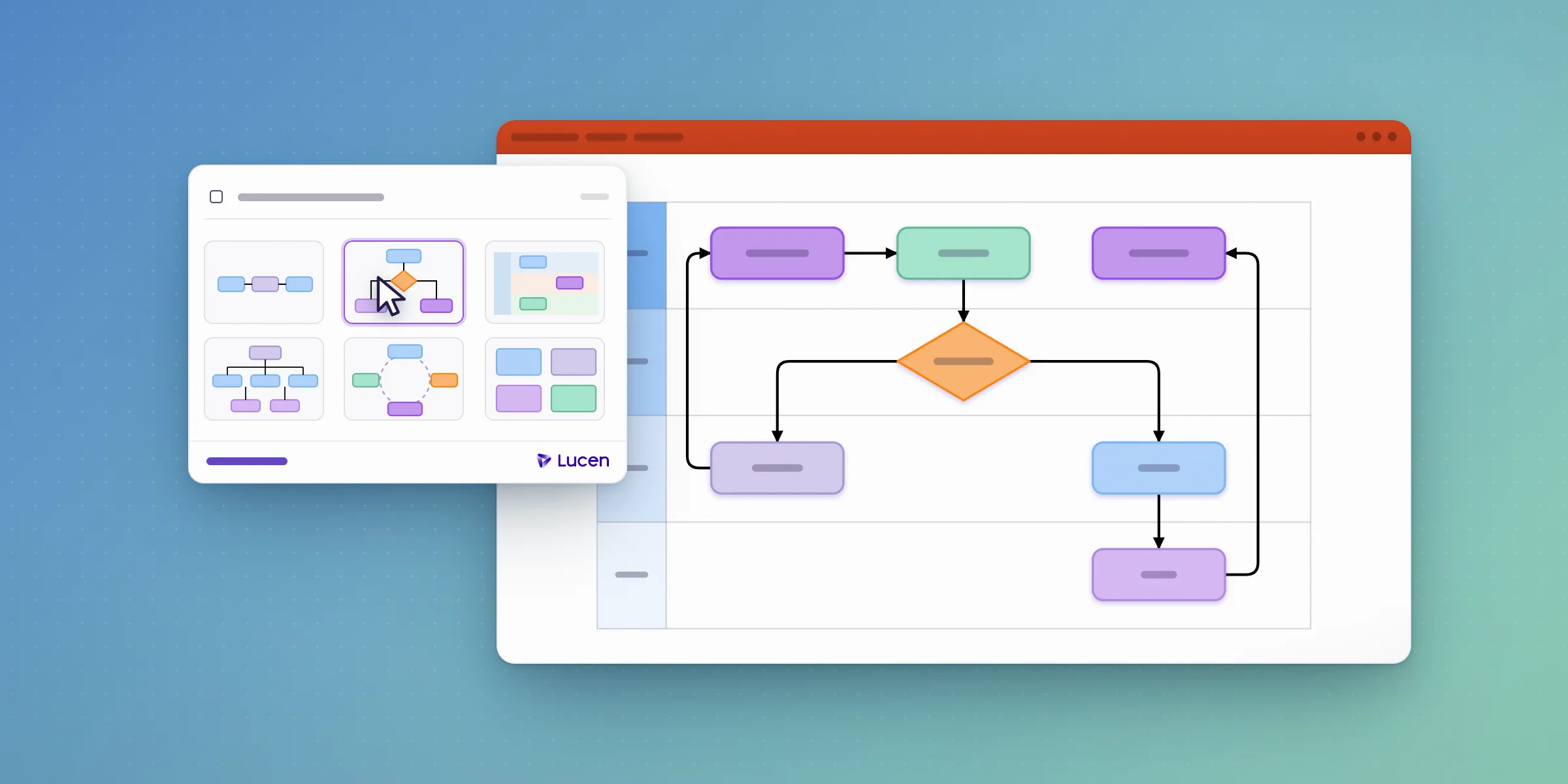 A template gallery panel with a decision-tree template selected beside a PowerPoint slide showing a swimlane flowchart built from it.