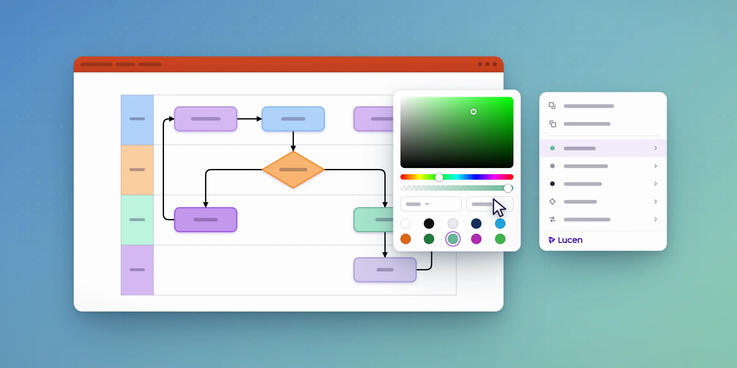 A swimlane flowchart in PowerPoint with a custom color picker open, used to set lane and shape colors.
