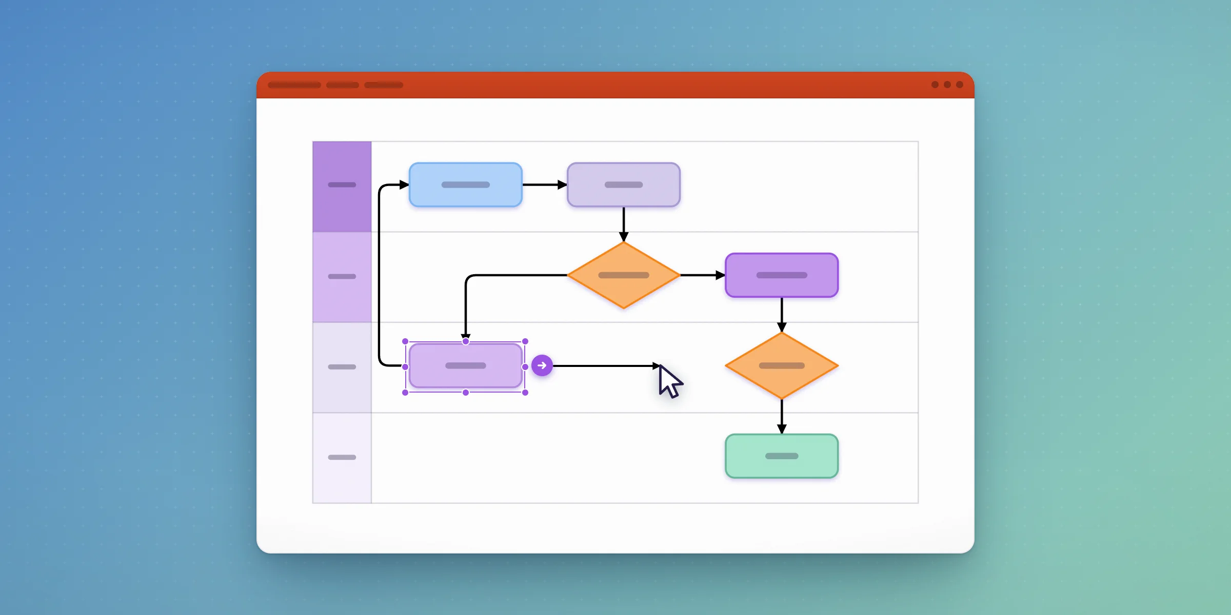 A connector being drawn between two lanes of a swimlane diagram in PowerPoint, showing a handoff from one team to another.