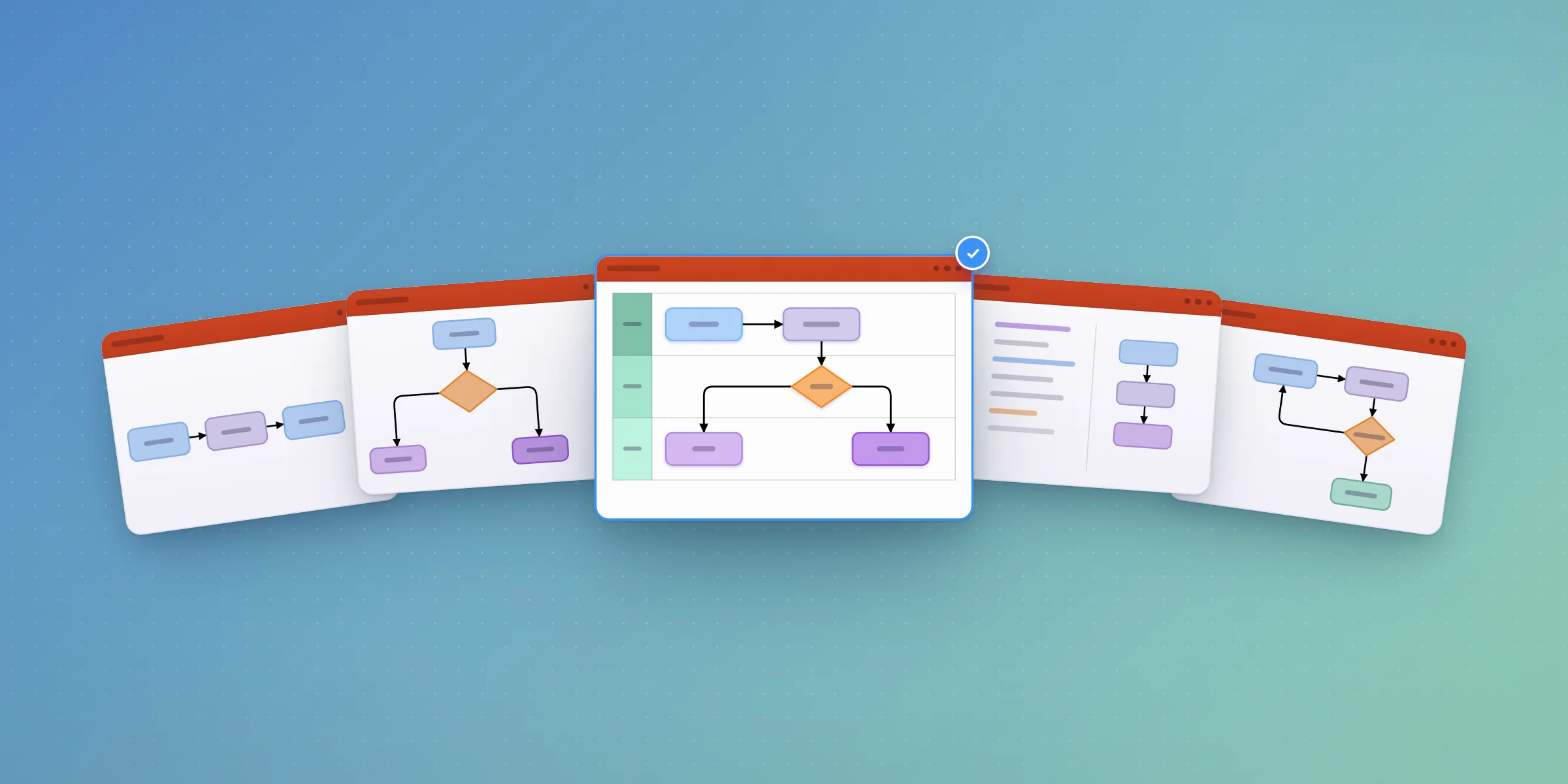Five PowerPoint slides showing different flowchart layouts, including a decision tree and a swimlane diagram, all built in PowerPoint.