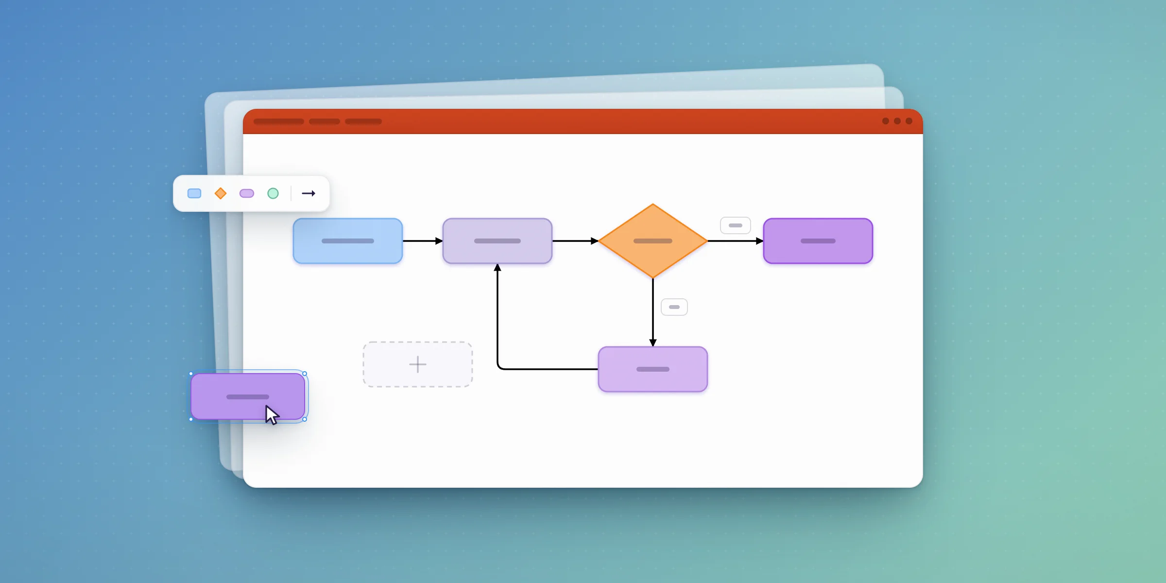 A process flow diagram being built in PowerPoint, with steps, a decision diamond, labelled branches and a loop back to an earlier step.