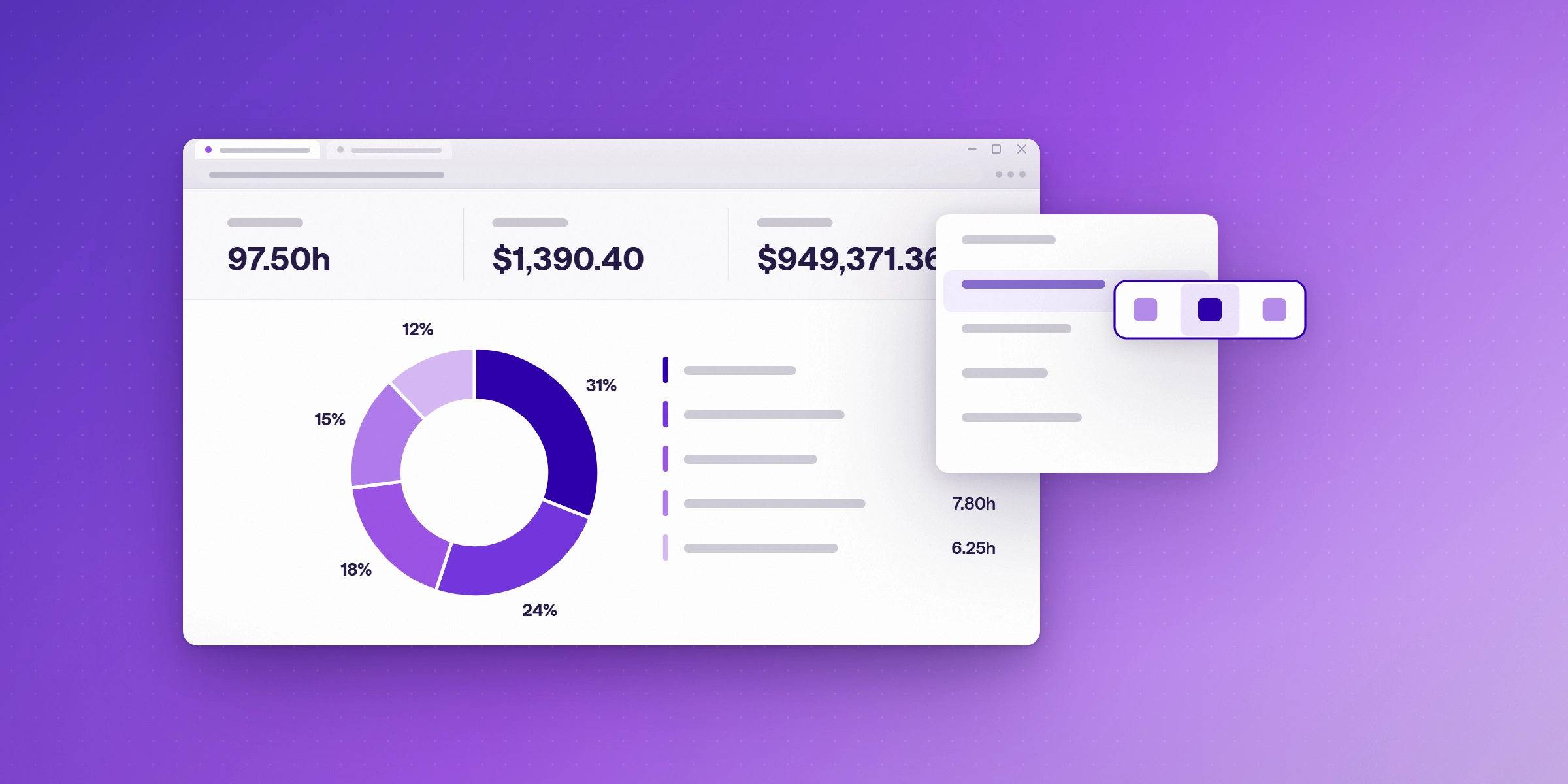 Lucen Track report showing hours and cost split by group, with a report view picker