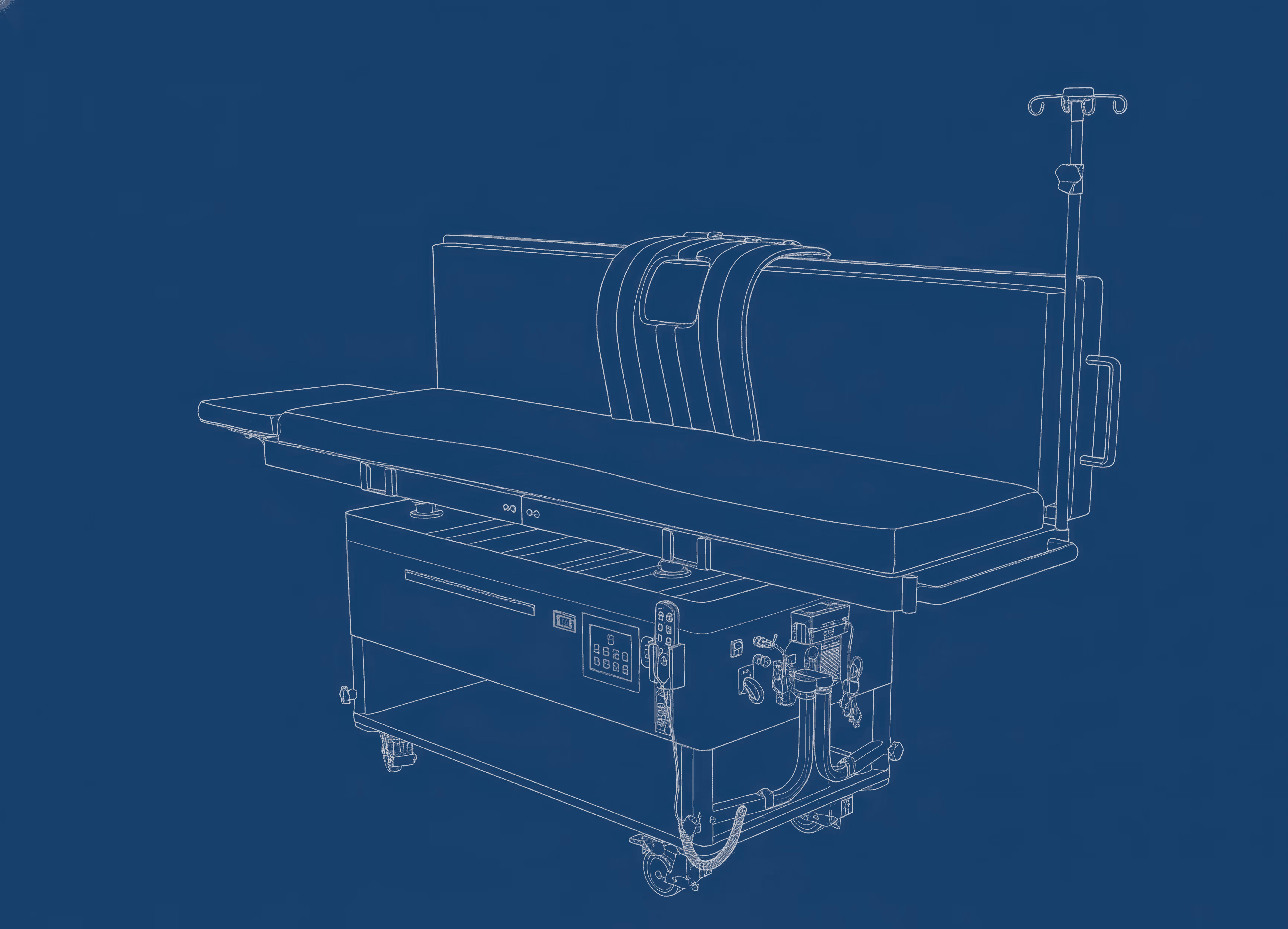 Blueprint-style line drawing of a hospital stretcher with an IV pole, control panel, and safety straps.