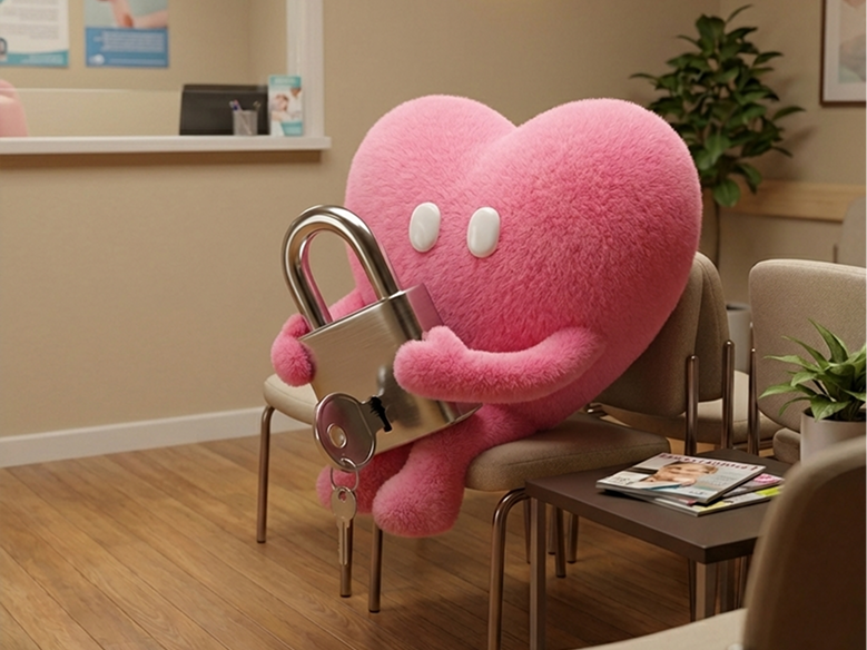 Mindoo character sitting on a chair with a safety lock in his hands