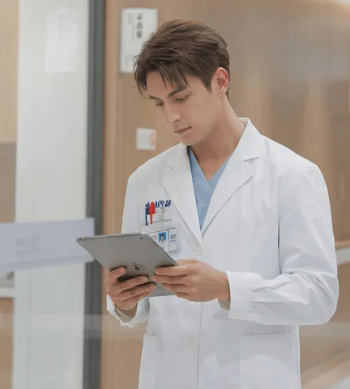 Male doctor in a white coat looking at a tablet in a hospital hallway.